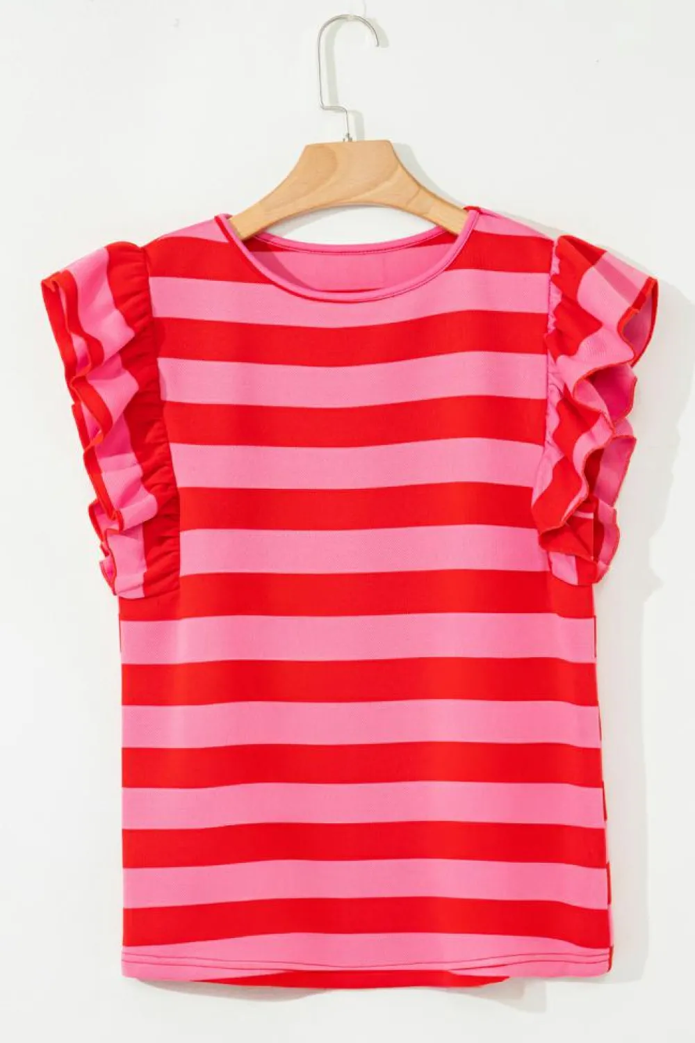 Fashion Dear-Lover Flutter Sleeve Round Neck T Shirt Red Stripe