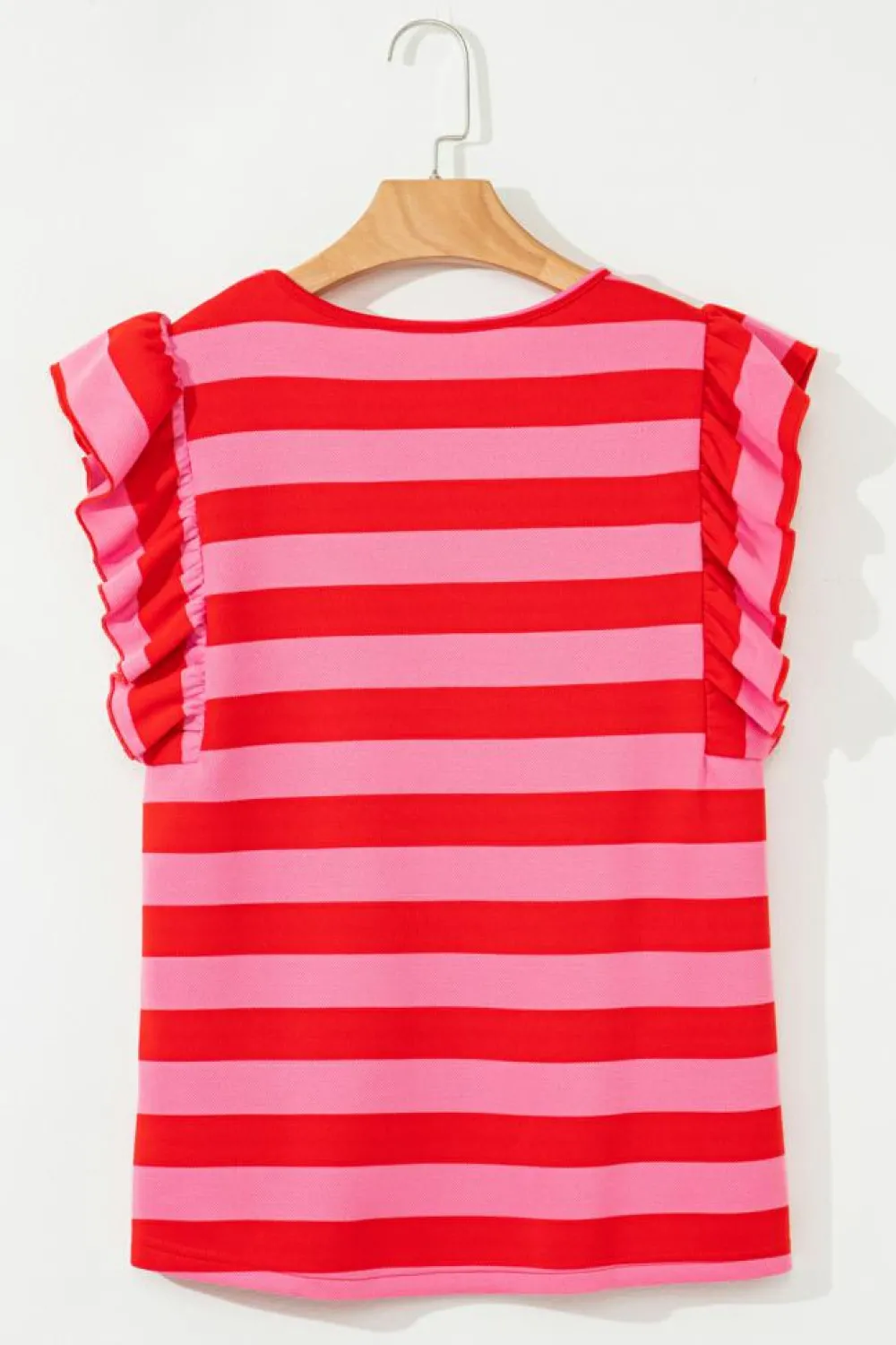 Fashion Dear-Lover Flutter Sleeve Round Neck T Shirt Red Stripe