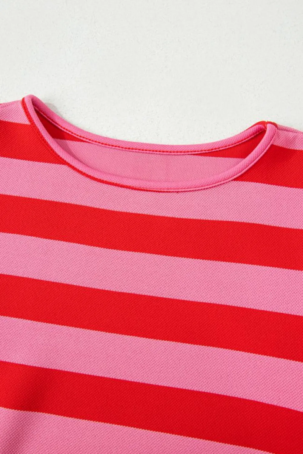Fashion Dear-Lover Flutter Sleeve Round Neck T Shirt Red Stripe