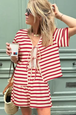 Sale Dear-Lover Lace-up Front Top and High Waist Shorts Set Red Stripe