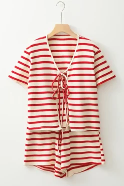 Sale Dear-Lover Lace-up Front Top and High Waist Shorts Set Red Stripe