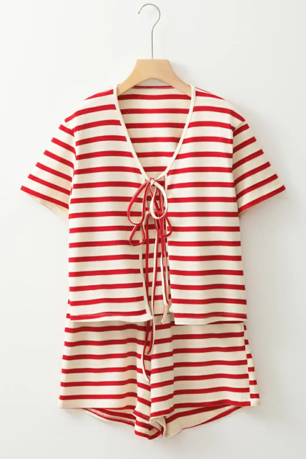 Sale Dear-Lover Lace-up Front Top and High Waist Shorts Set Red Stripe