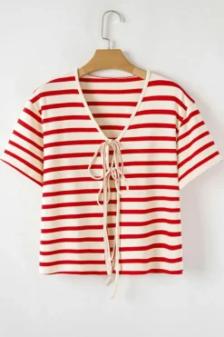 Sale Dear-Lover Lace-up Front Top and High Waist Shorts Set Red Stripe