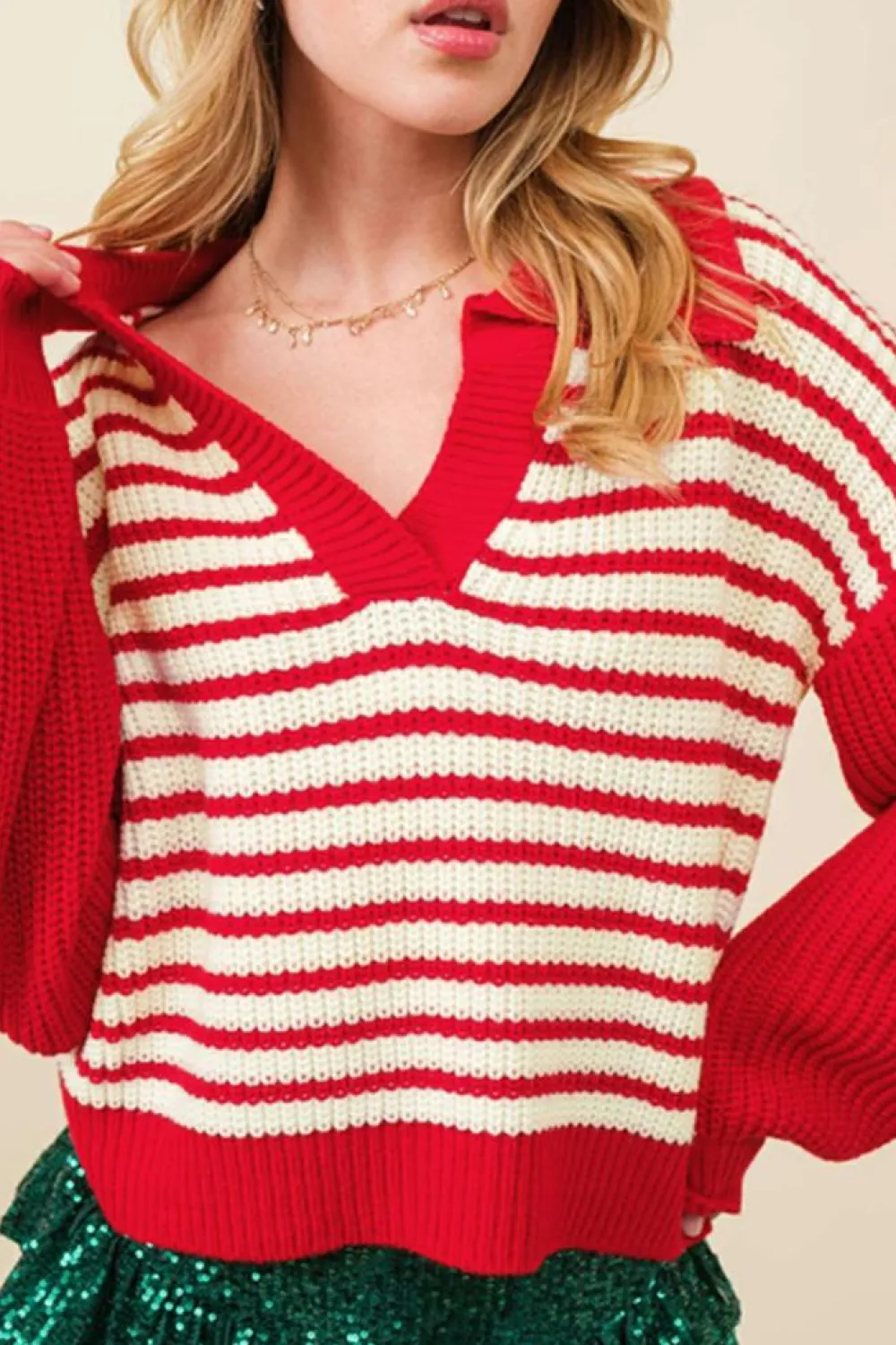 Outlet Dear-Lover Lantern Sleeve V Neck Collared Drop Shoulder Sweater Red Stripe
