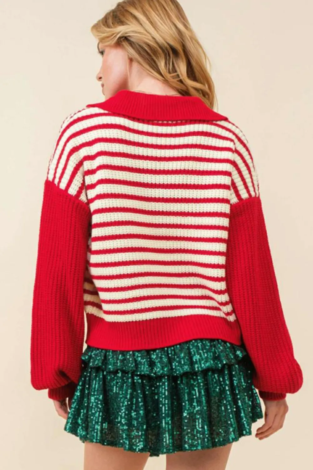 Outlet Dear-Lover Lantern Sleeve V Neck Collared Drop Shoulder Sweater Red Stripe