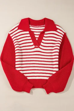 Outlet Dear-Lover Lantern Sleeve V Neck Collared Drop Shoulder Sweater Red Stripe