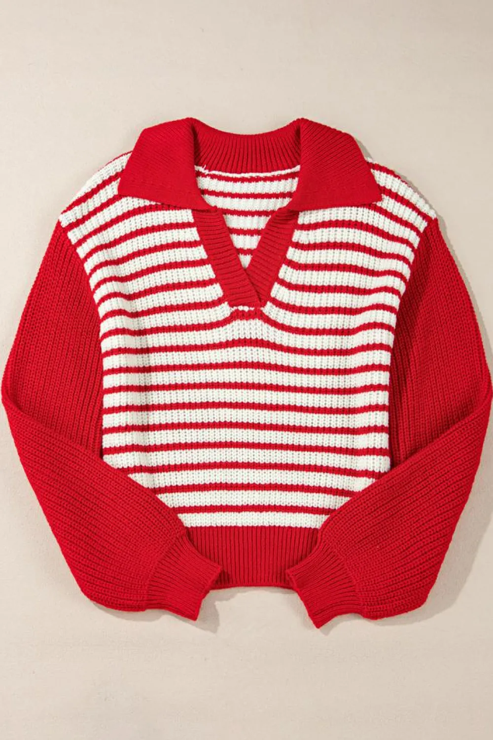 Outlet Dear-Lover Lantern Sleeve V Neck Collared Drop Shoulder Sweater Red Stripe