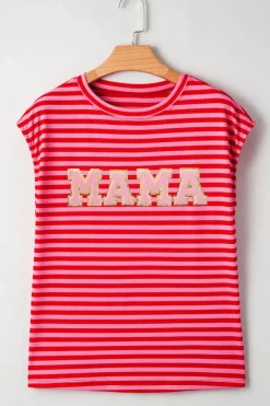 Discount Dear-Lover MAMA Graphic Cap Sleeve T Shirt Red Stripe
