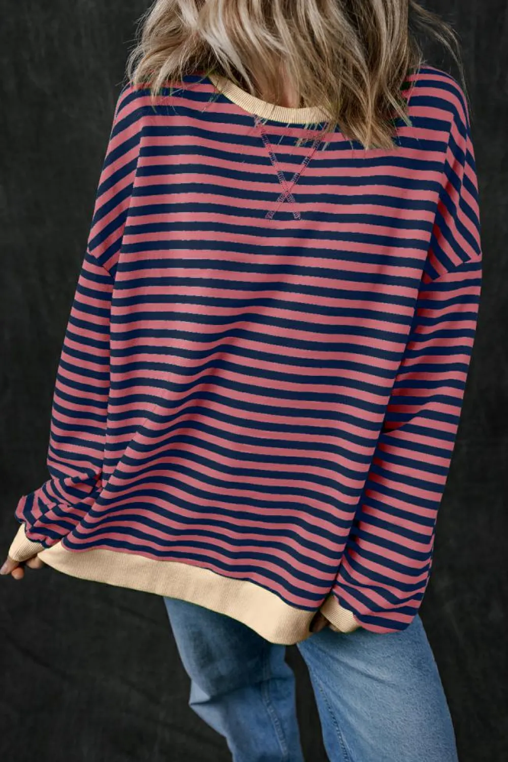 Clearance Dear-Lover Oversized Contrast Trim Pullover Sweatshirt Red Stripe