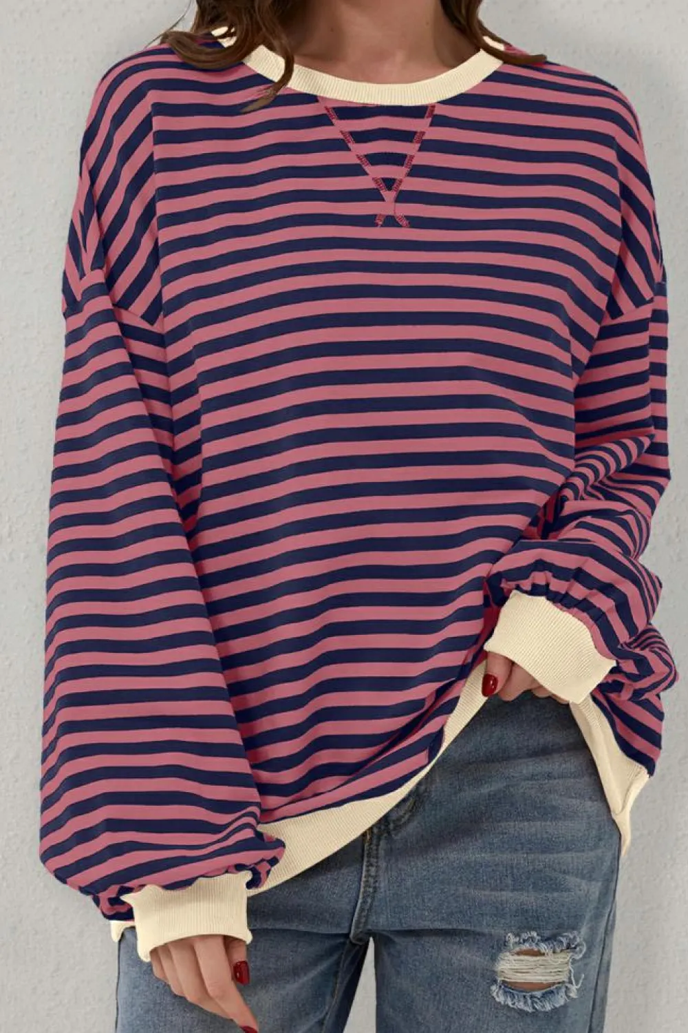 Clearance Dear-Lover Oversized Contrast Trim Pullover Sweatshirt Red Stripe