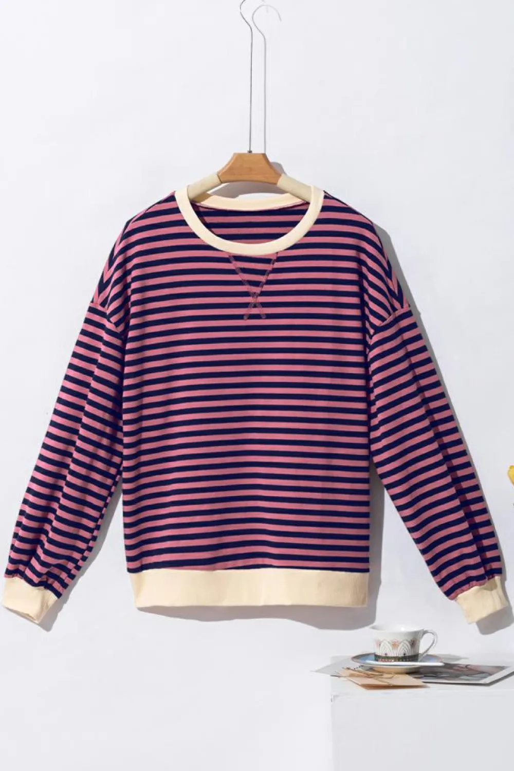 Clearance Dear-Lover Oversized Contrast Trim Pullover Sweatshirt Red Stripe