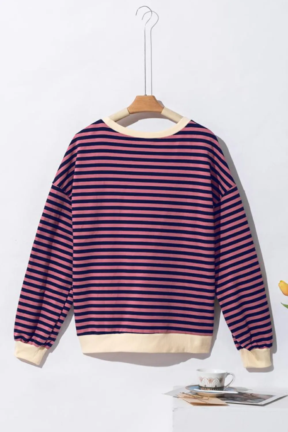 Clearance Dear-Lover Oversized Contrast Trim Pullover Sweatshirt Red Stripe