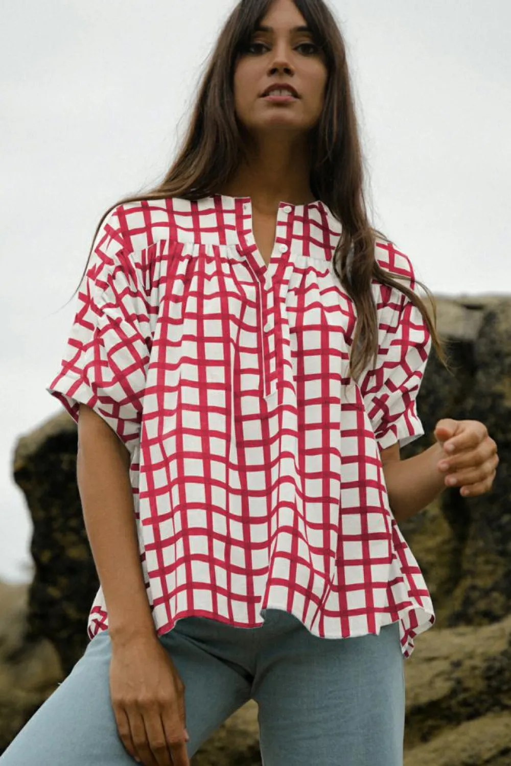 Outlet Dear-Lover Plaid Button Placket Split Neck Half Sleeve Blouse Red Stripe