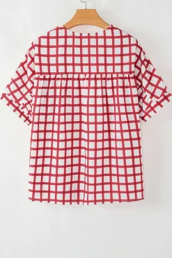 Outlet Dear-Lover Plaid Button Placket Split Neck Half Sleeve Blouse Red Stripe