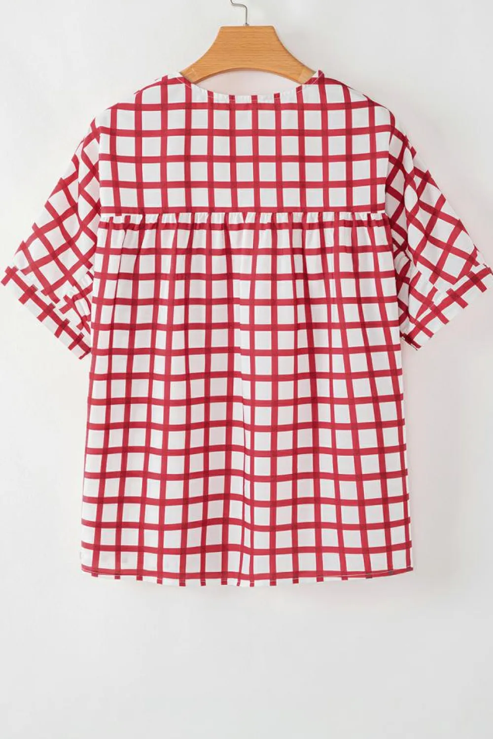 Outlet Dear-Lover Plaid Button Placket Split Neck Half Sleeve Blouse Red Stripe