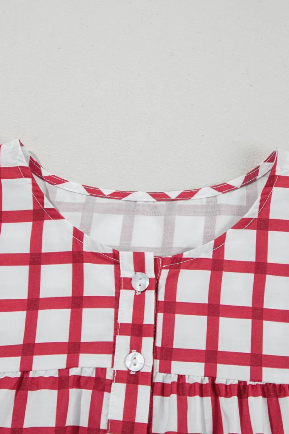 Outlet Dear-Lover Plaid Button Placket Split Neck Half Sleeve Blouse Red Stripe