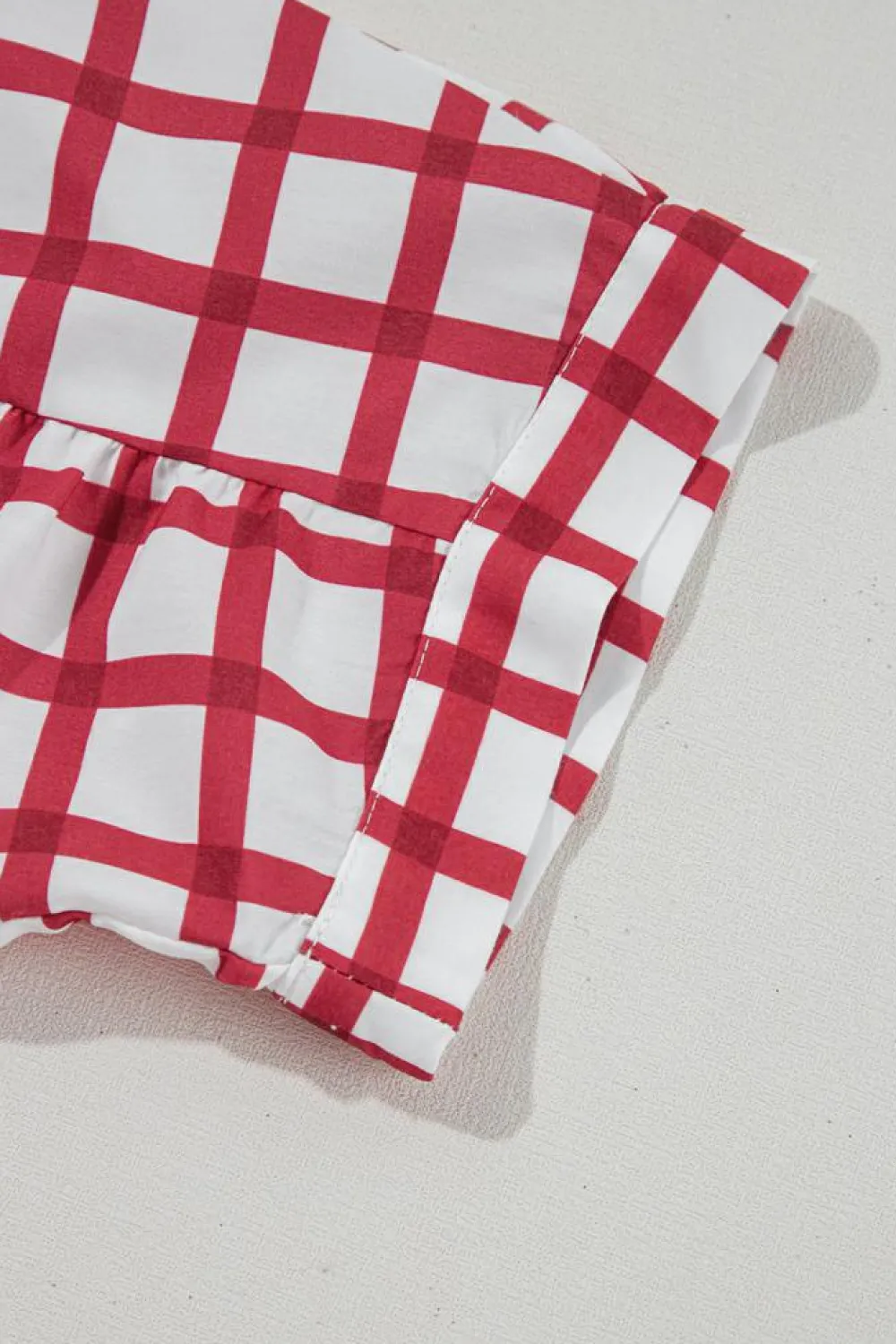 Outlet Dear-Lover Plaid Button Placket Split Neck Half Sleeve Blouse Red Stripe