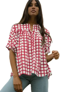 Outlet Dear-Lover Plaid Button Placket Split Neck Half Sleeve Blouse Red Stripe