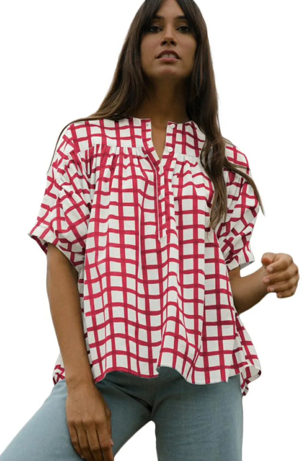 Outlet Dear-Lover Plaid Button Placket Split Neck Half Sleeve Blouse Red Stripe