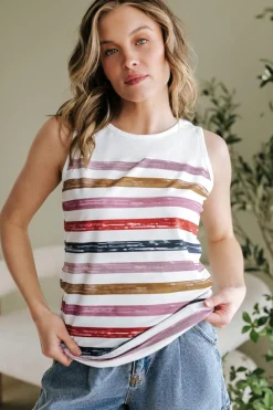 New Dear-Lover Rainbow Round Neck Tank Top Red Stripe
