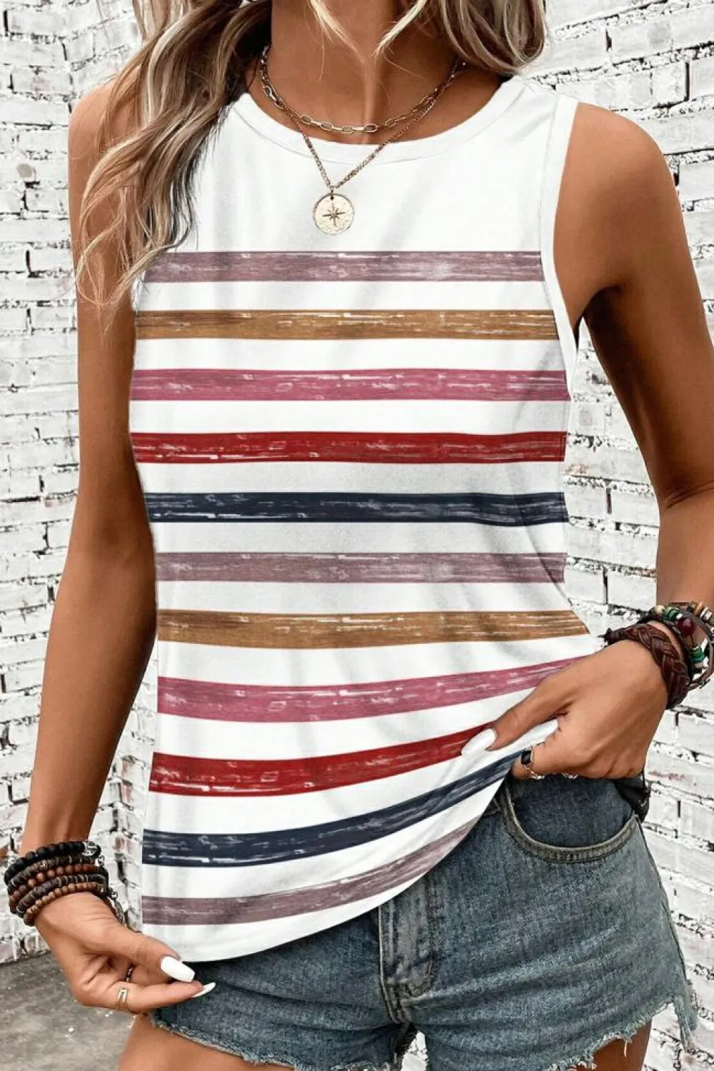 New Dear-Lover Rainbow Round Neck Tank Top Red Stripe
