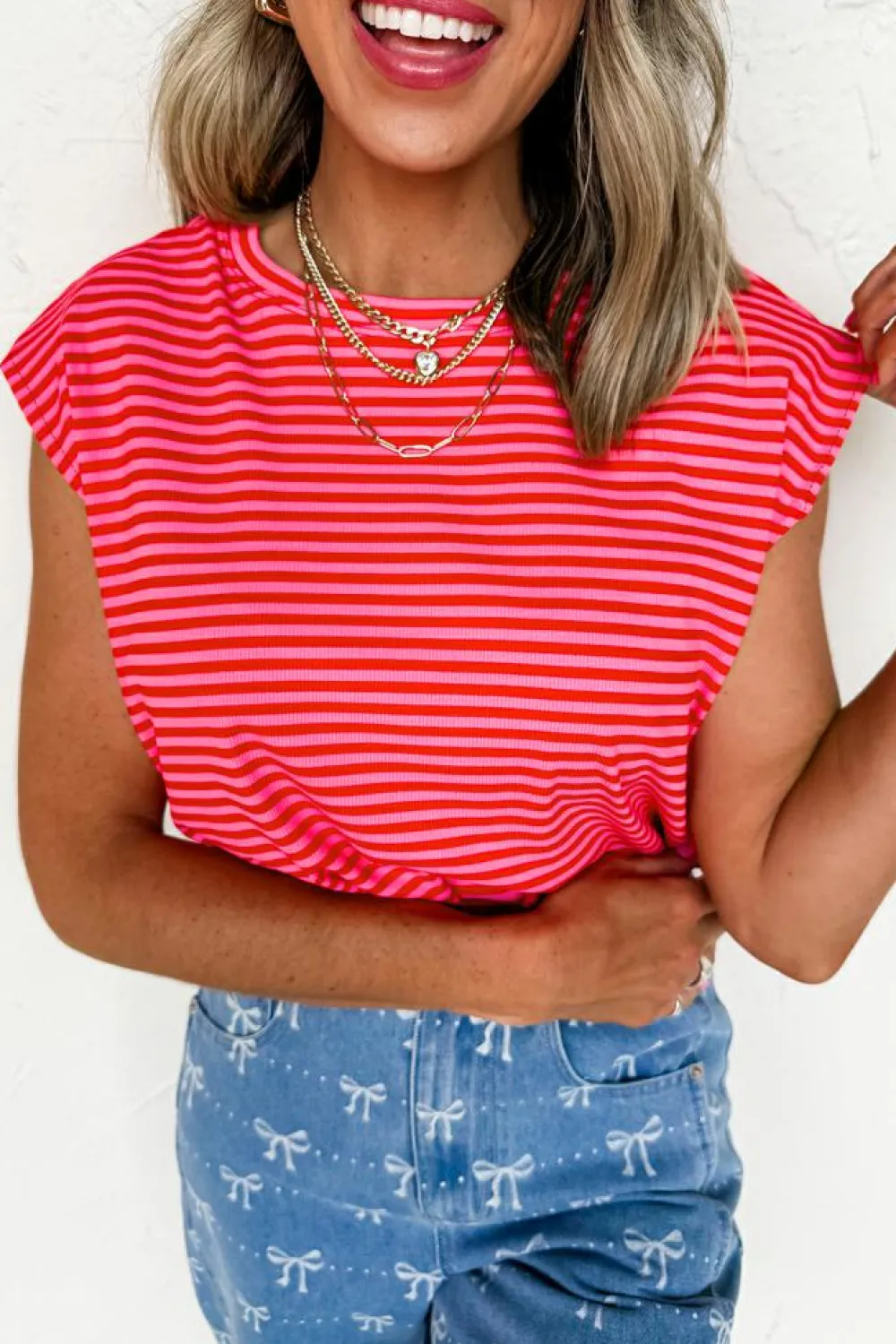 Online Dear-Lover Ribbed Cap Sleeve Round Neck T Shirt Red Stripe