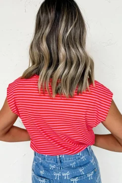Online Dear-Lover Ribbed Cap Sleeve Round Neck T Shirt Red Stripe
