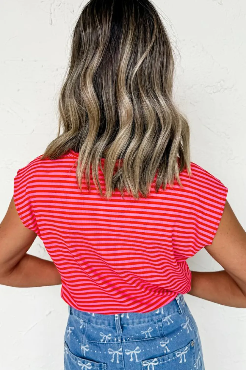 Online Dear-Lover Ribbed Cap Sleeve Round Neck T Shirt Red Stripe