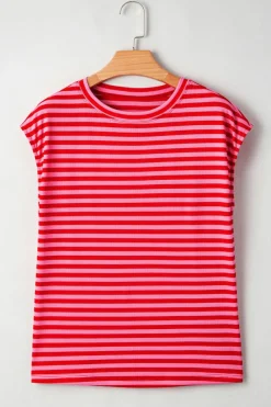 Online Dear-Lover Ribbed Cap Sleeve Round Neck T Shirt Red Stripe