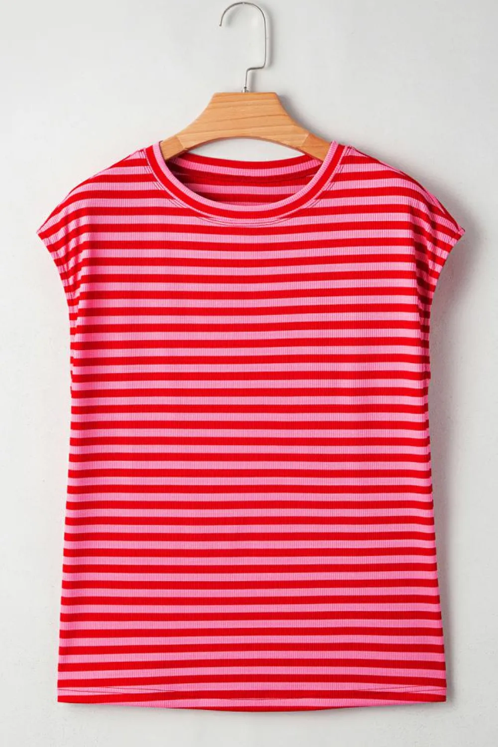 Online Dear-Lover Ribbed Cap Sleeve Round Neck T Shirt Red Stripe