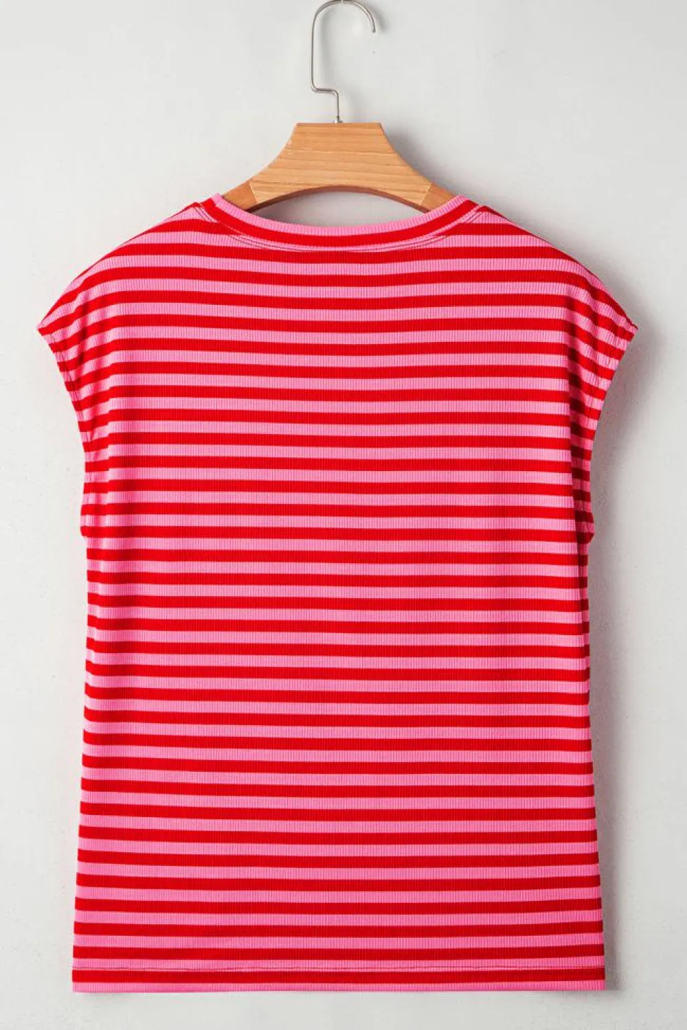 Online Dear-Lover Ribbed Cap Sleeve Round Neck T Shirt Red Stripe