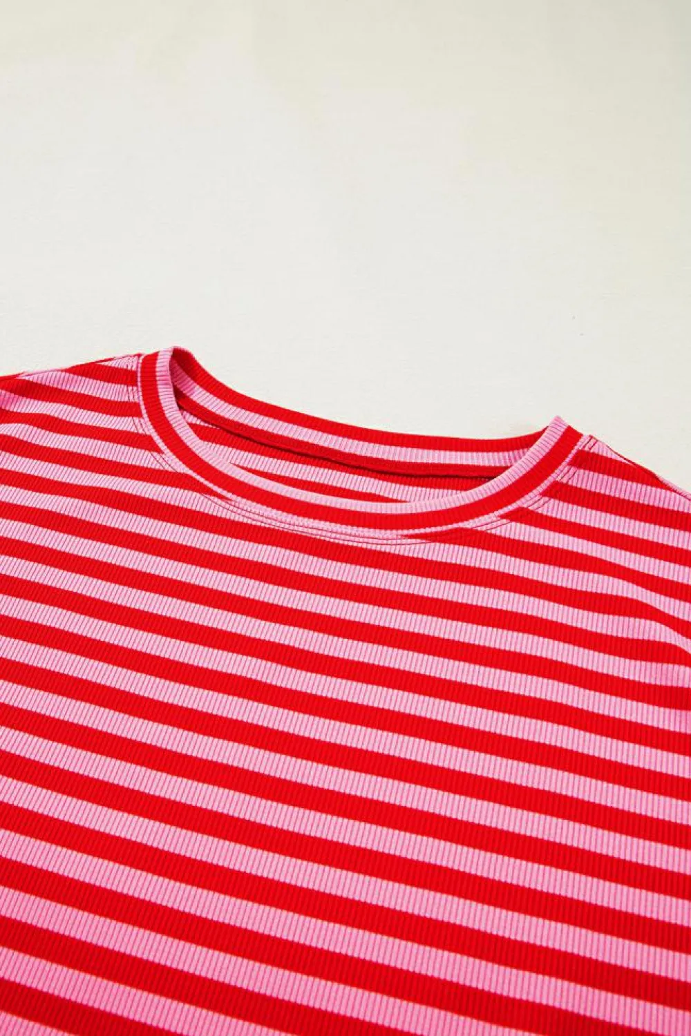 Online Dear-Lover Ribbed Cap Sleeve Round Neck T Shirt Red Stripe