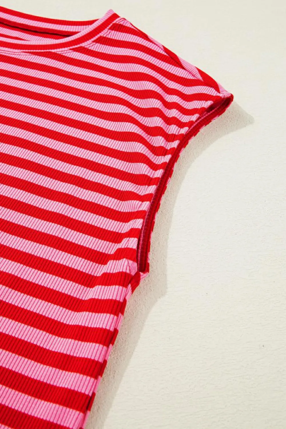 Online Dear-Lover Ribbed Cap Sleeve Round Neck T Shirt Red Stripe