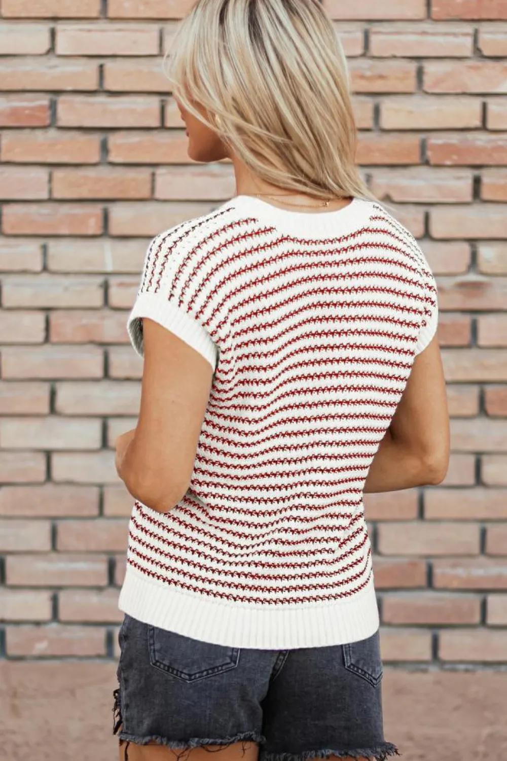 Hot Dear-Lover Ribbed Trim Loose Fit Knitted Sweater Vest Red Stripe