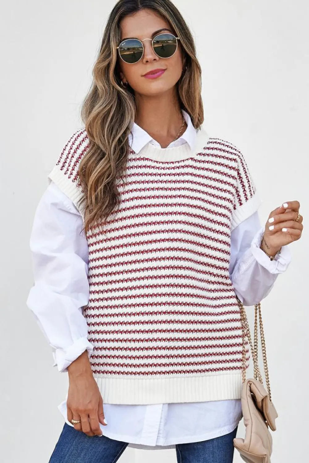Hot Dear-Lover Ribbed Trim Loose Fit Knitted Sweater Vest Red Stripe