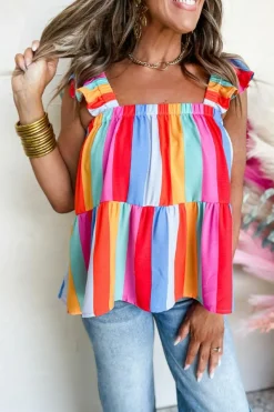Online Dear-Lover Ruffled Straps Babydoll Tank Top Red Stripe