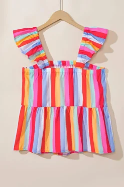 Online Dear-Lover Ruffled Straps Babydoll Tank Top Red Stripe