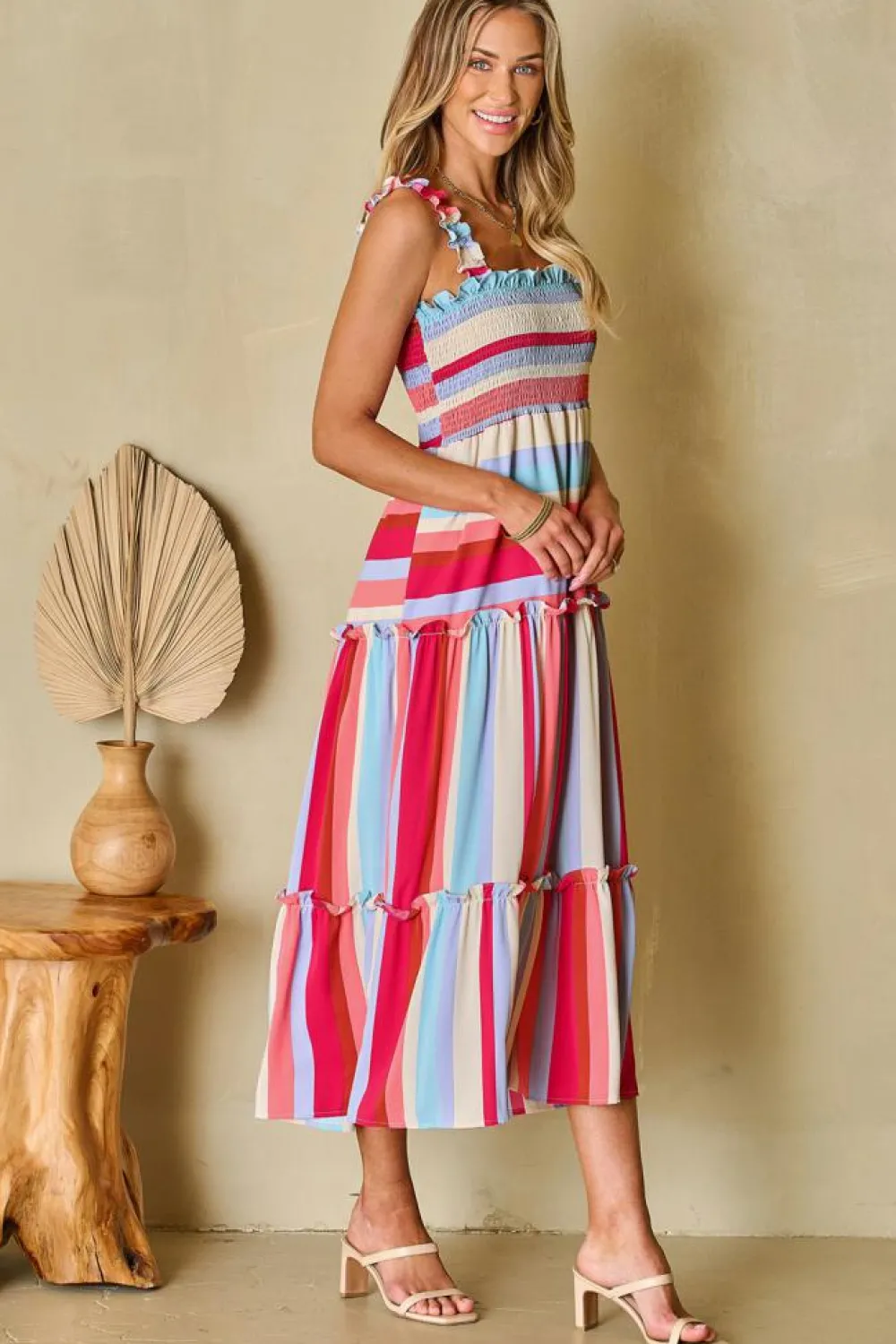 Clearance Dear-Lover Ruffled Straps Smocked Tiered Long Dress Red Stripe