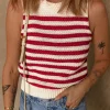 Sale Dear-Lover Textured Knit Ribbed Hem Sweater Tank Top Red Stripe
