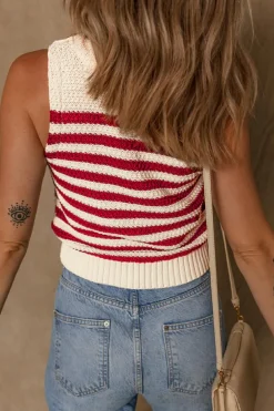 Sale Dear-Lover Textured Knit Ribbed Hem Sweater Tank Top Red Stripe
