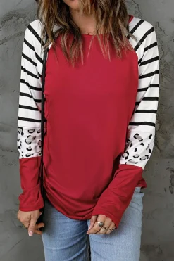 Discount Dear-Lover Red Striped Animal Print Colorblock Long Sleeve Top Fiery Red