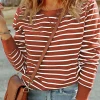Sale Dear-Lover Red Striped Print Ribbed Trim Long Sleeve Top Fiery Red