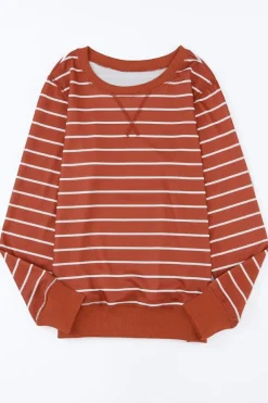 Sale Dear-Lover Red Striped Print Ribbed Trim Long Sleeve Top Fiery Red
