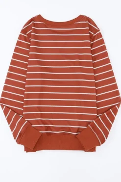 Sale Dear-Lover Red Striped Print Ribbed Trim Long Sleeve Top Fiery Red