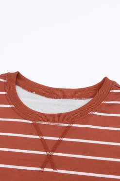 Sale Dear-Lover Red Striped Print Ribbed Trim Long Sleeve Top Fiery Red