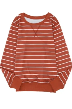 Sale Dear-Lover Red Striped Print Ribbed Trim Long Sleeve Top Fiery Red