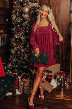 Sale Dear-Lover Red Tie Back Square Neck Velvet Babydoll Dress Fiery Red