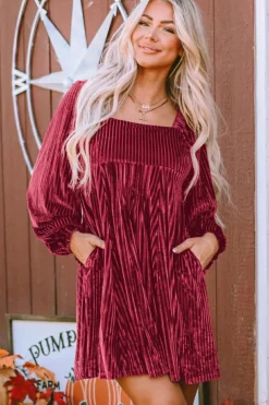 Sale Dear-Lover Red Tie Back Square Neck Velvet Babydoll Dress Fiery Red