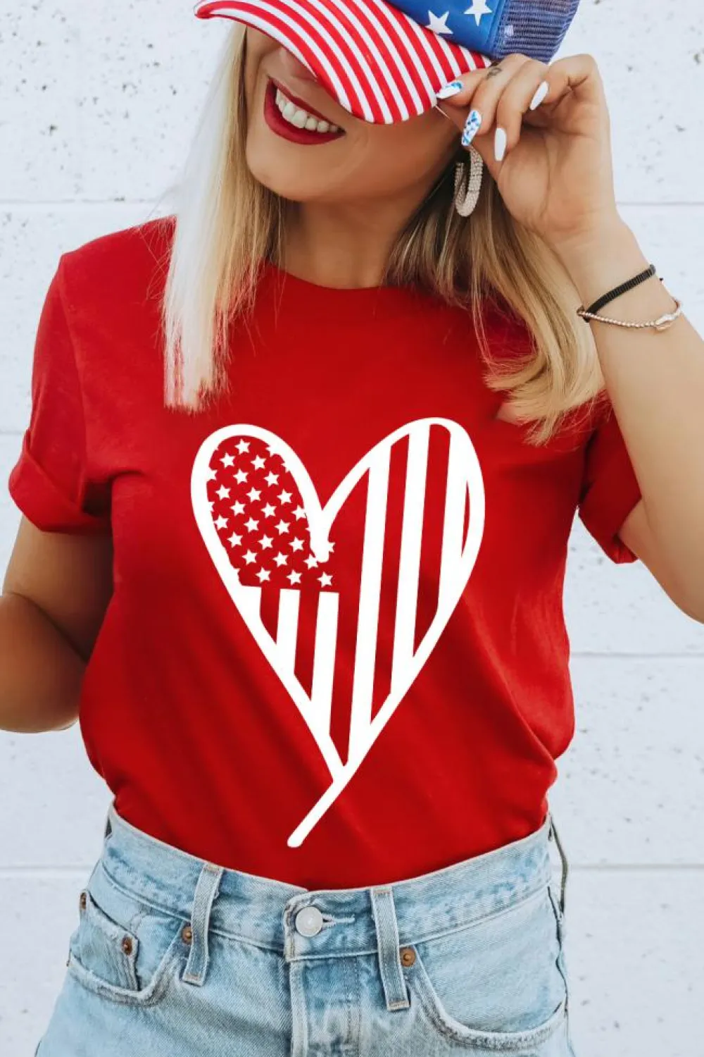 Sale Dear-Lover Red USA Flag Heart Shape Crewneck Graphic T Shirt Red-2