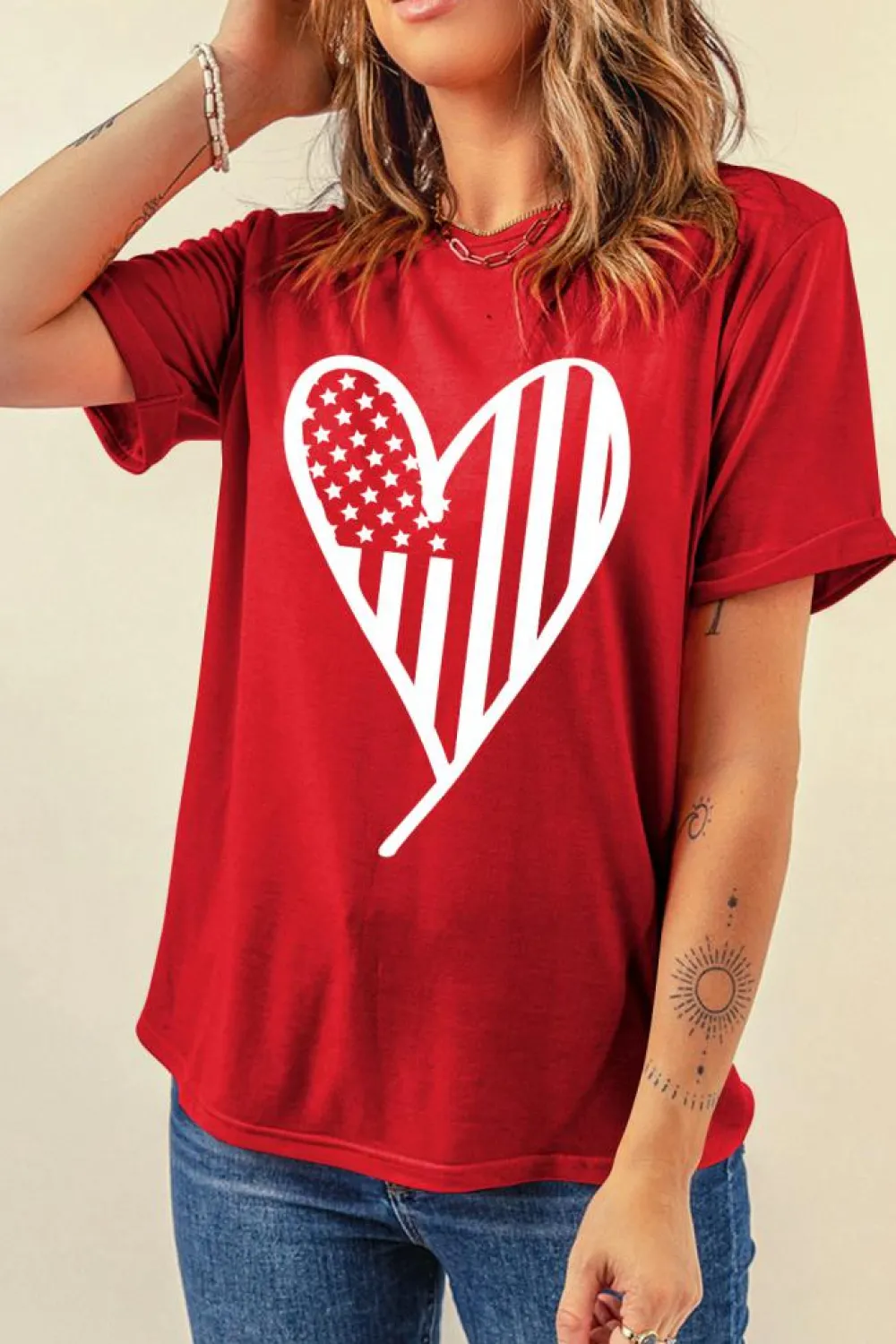 Sale Dear-Lover Red USA Flag Heart Shape Crewneck Graphic T Shirt Red-2
